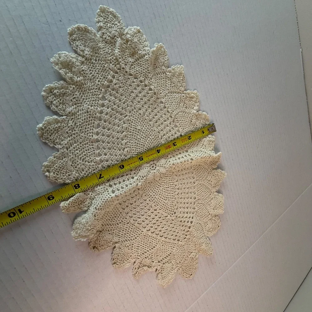 Vintage Beige Crochet Doilie Oval Victorian Lace Floral Cottagecore Centerpiece